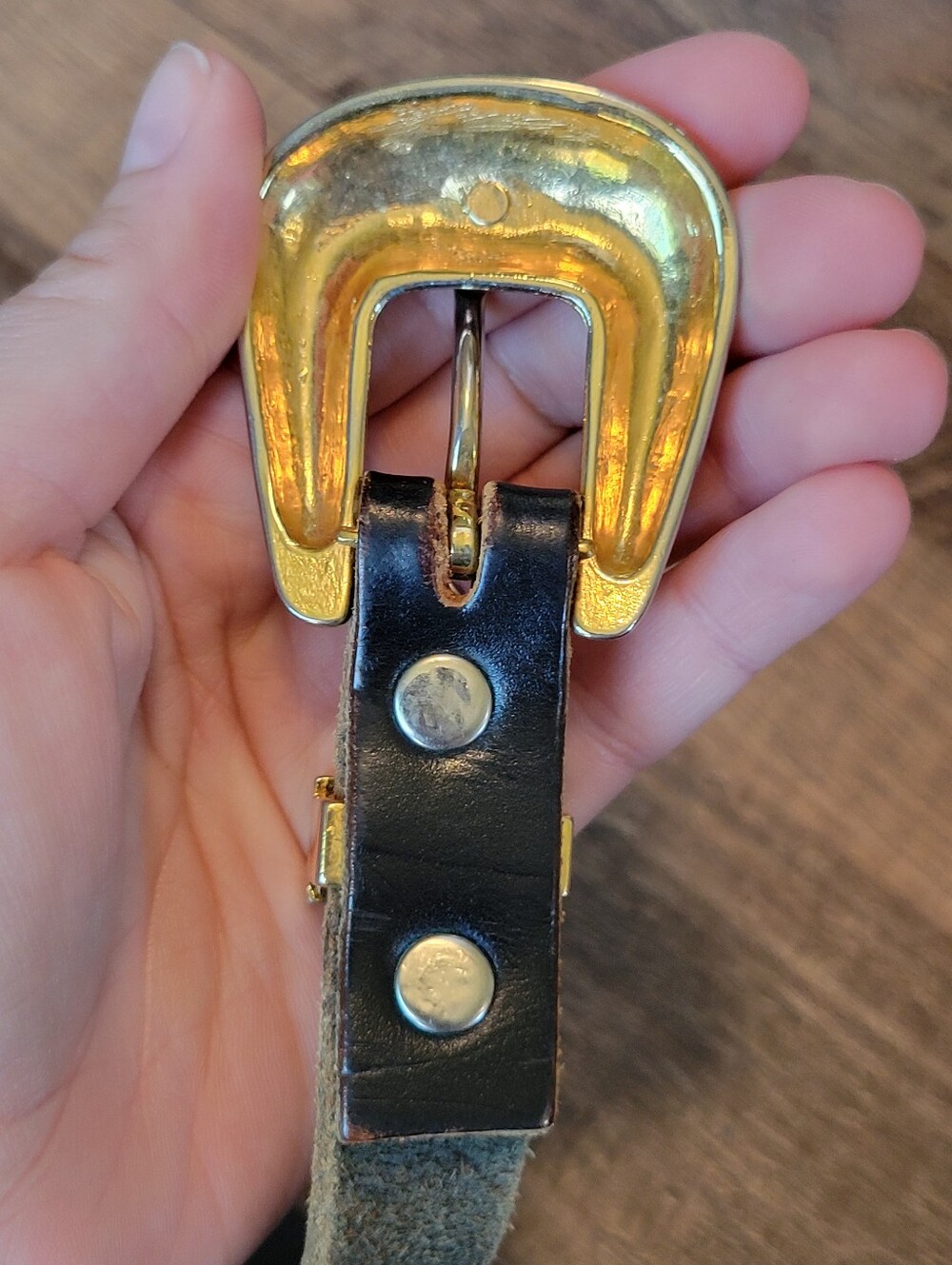 Vintage Western Leather Belt with Ornate Silver & Gold Tone Etched Buckle - Picture 7 of 8